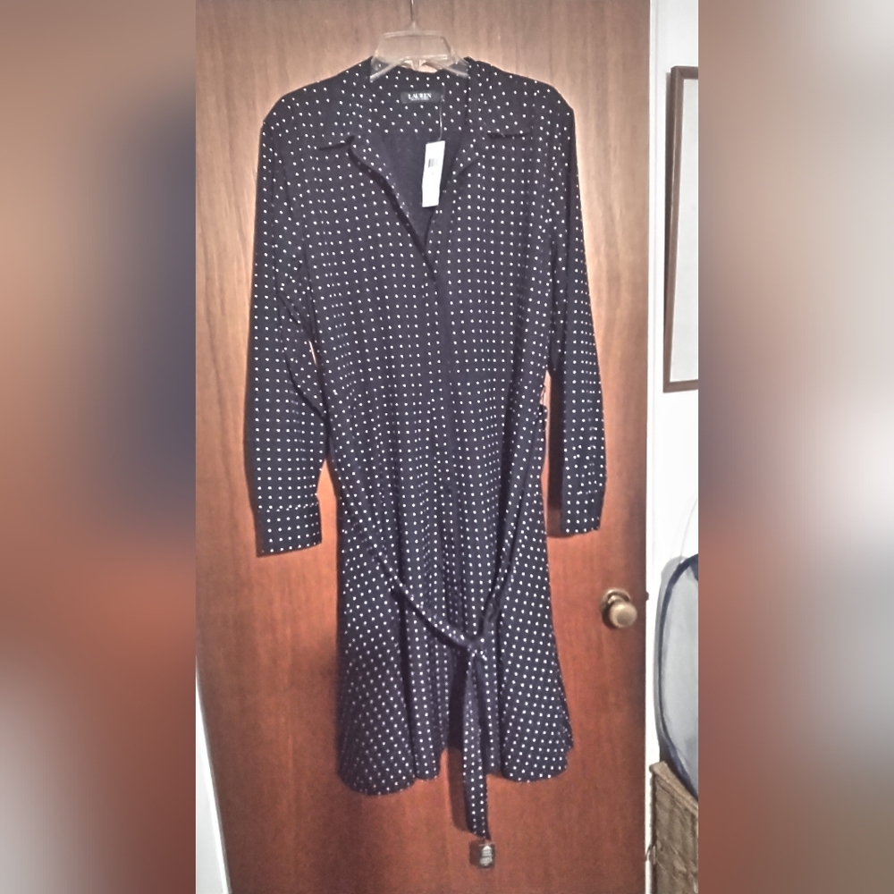 Lauren by Ralph Lauren Dress NWT size 16 Navy polka dots